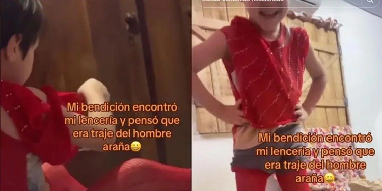 Niño se disfraza de Spiderman con la lencería de su madre Niño se disfraza de Spiderman con la lencería de su madre